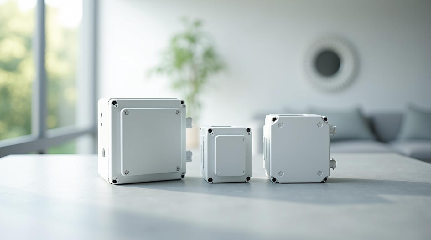 三個不同規格的集線盒並排展示，清晰呈現接線孔與安裝特性