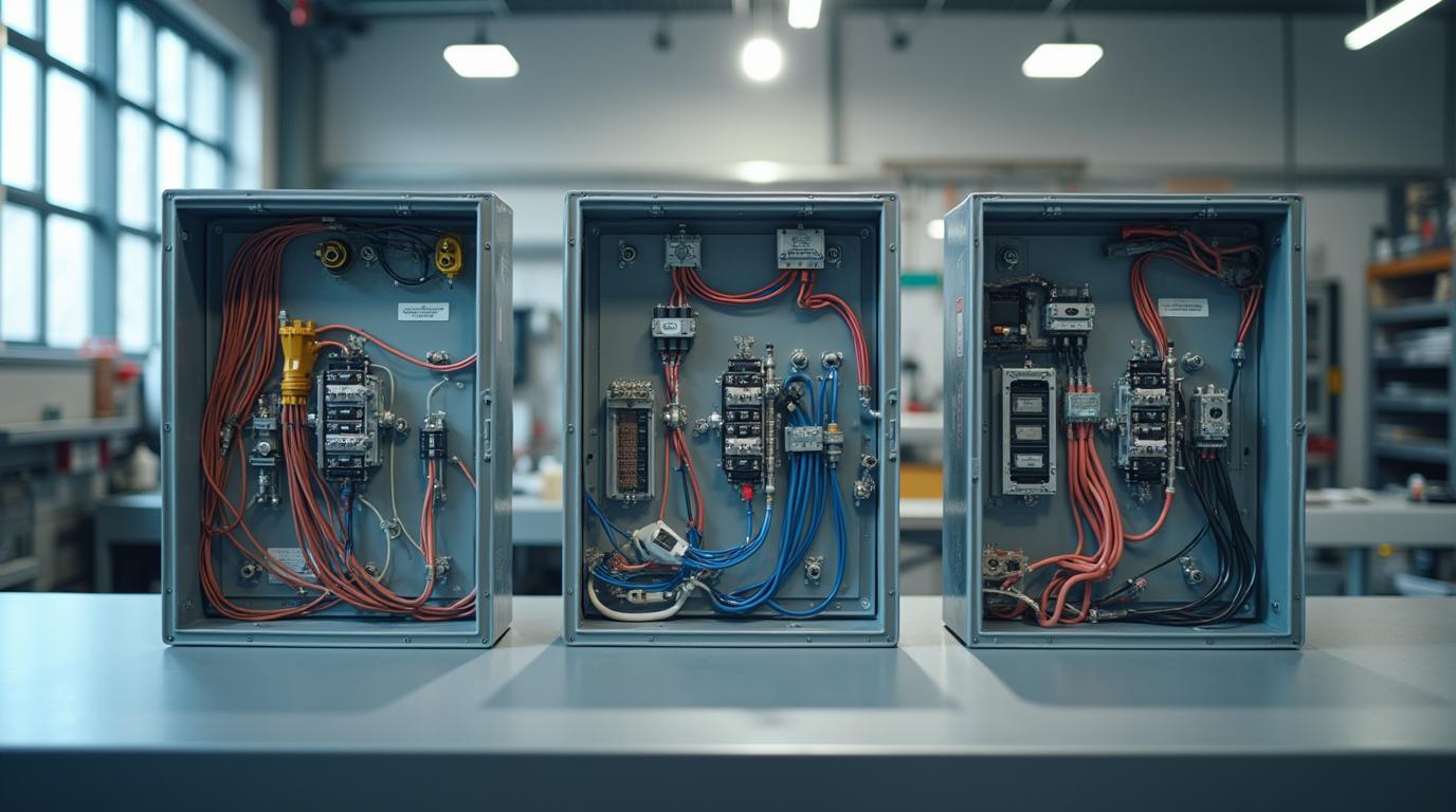 工業工作臺上展示三個不同尺寸的集線盒並排開啟，各顯示不同的內部線材配置和組織方式。