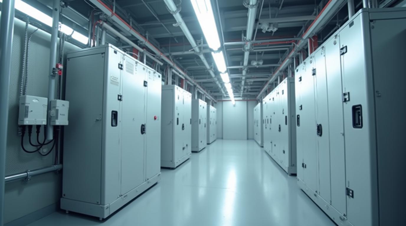 5G基站機房內多個防水盒安裝在DIN導軌上，展示專業的線路管理和接地設施