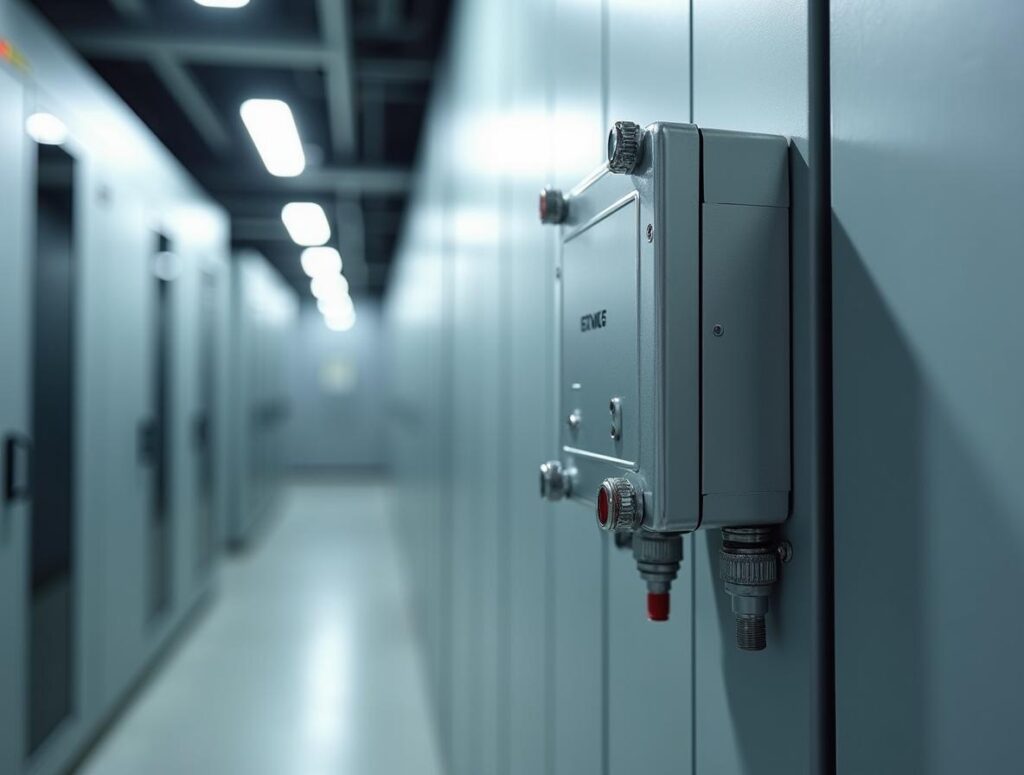 防水接線盒安裝在電信機房鋼製機櫃上，展示密封電纜接頭和防水設計